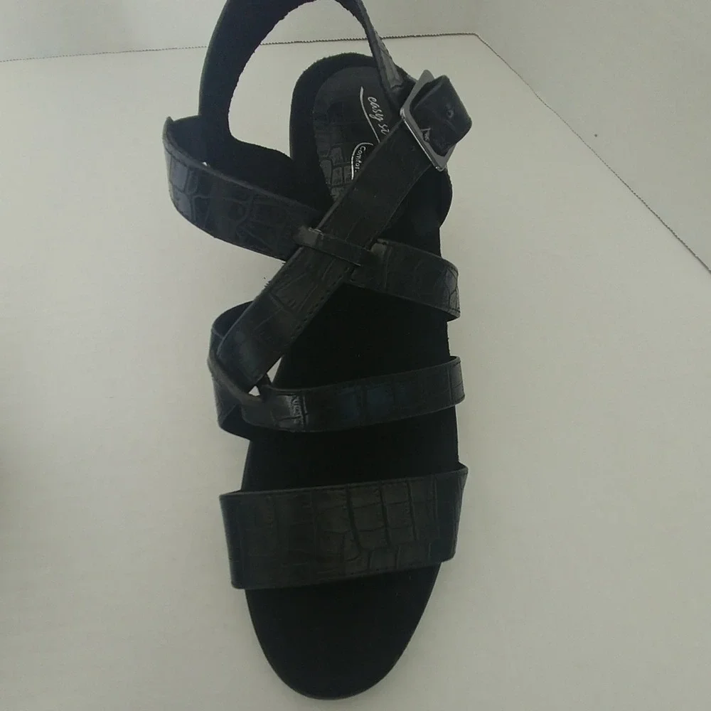 Easy Street Strappy Wedge Sandals Womens 9M Black Faux Croc Comfort 30-2441